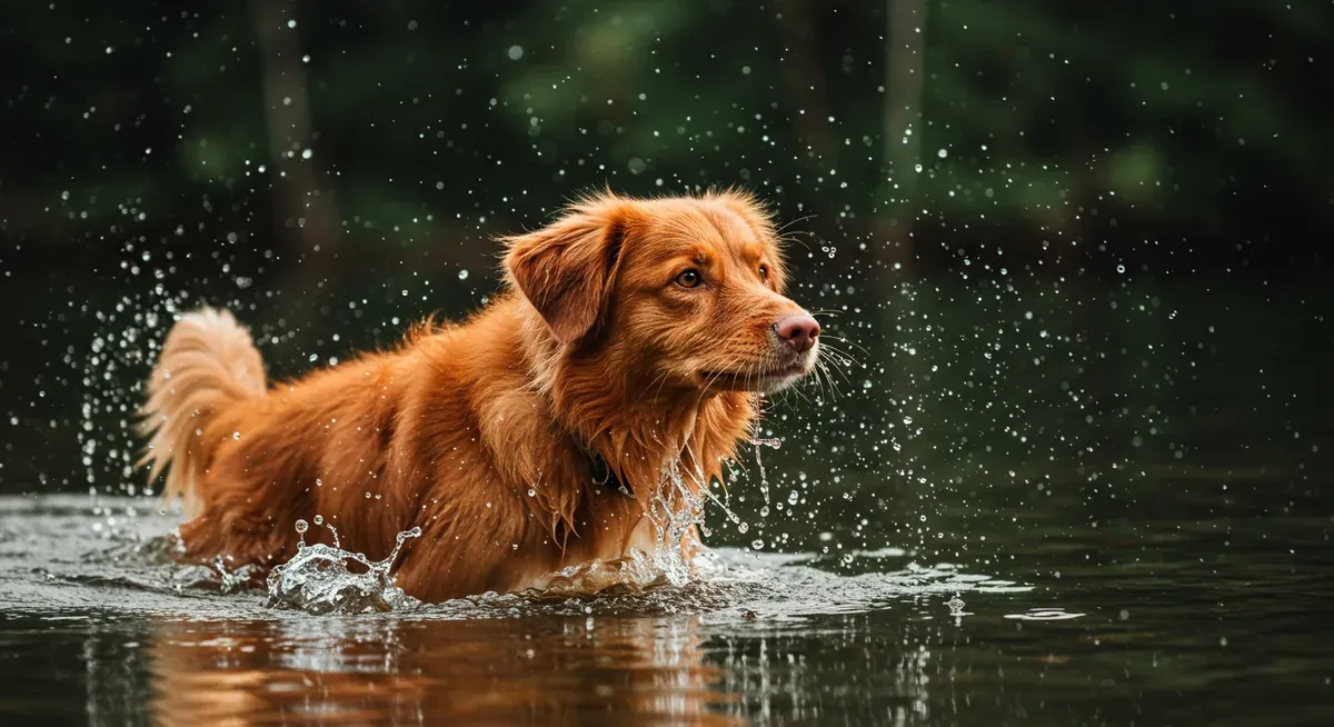 Nova Scotia Duck Tolling Retriever swimming energetically in water, demonstrating the breed's natural swimming abilities and exercise requirements