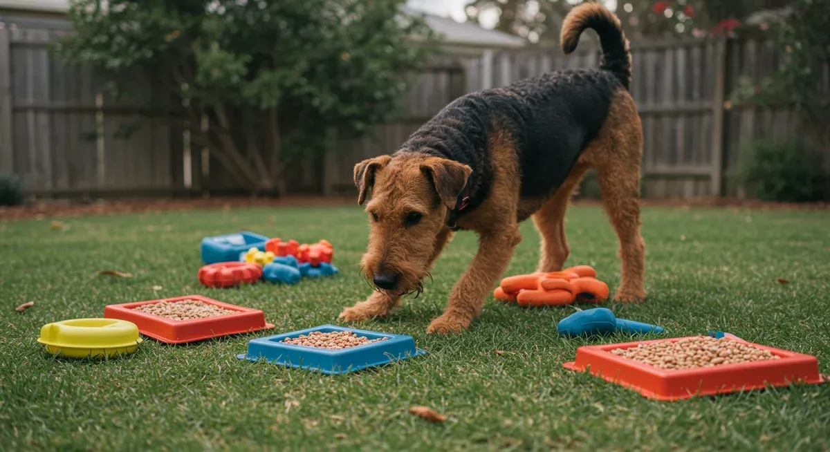 Airedale Terrier actively playing with various puzzle toys and interactive feeders, illustrating the mental and physical stimulation needed to prevent destructive behaviors