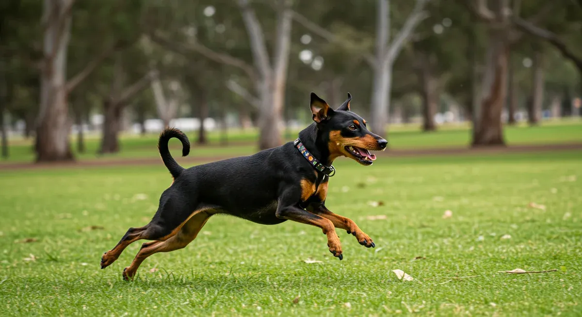 Manchester Terrier running energetically through Australian parkland, illustrating the breed's substantial daily exercise requirements of 30-60 minutes