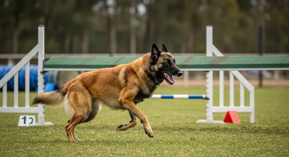 Belgian Shepherd running through an agility course, demonstrating the breed's high energy levels and exercise needs