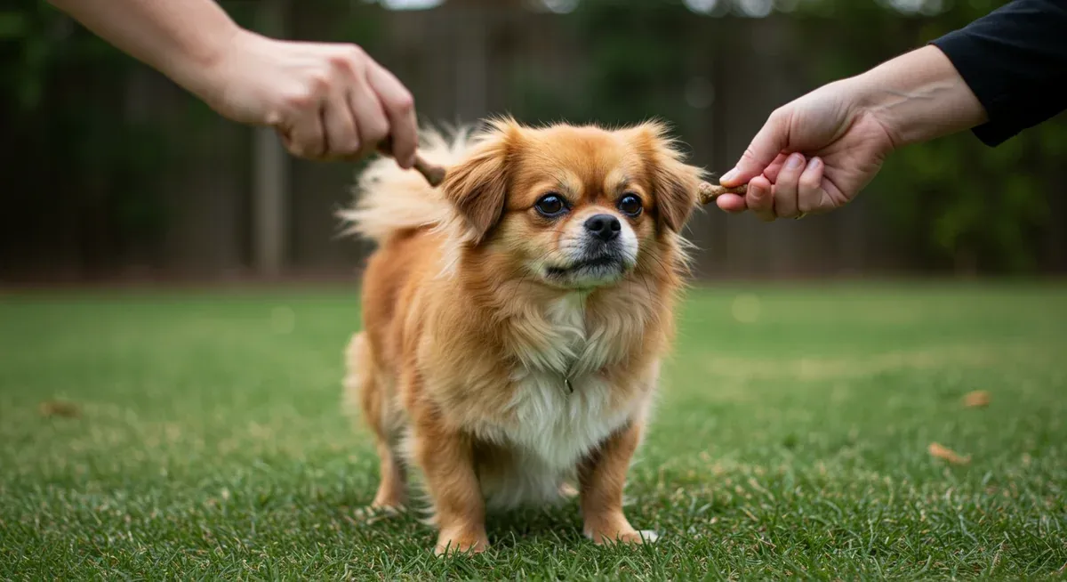 Tibetan Spaniel in training session showing their independent, thoughtful nature as they evaluate commands before responding