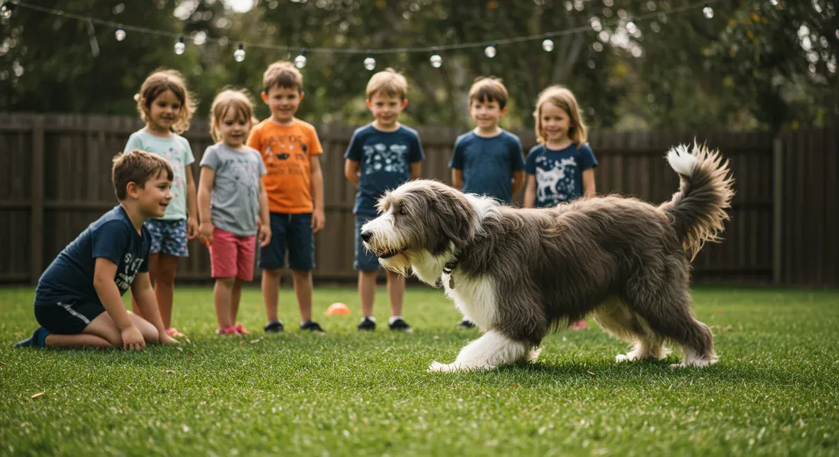 A Bearded Collie in a herding crouch position, demonstrating natural herding instincts while focused on family members in a backyard setting