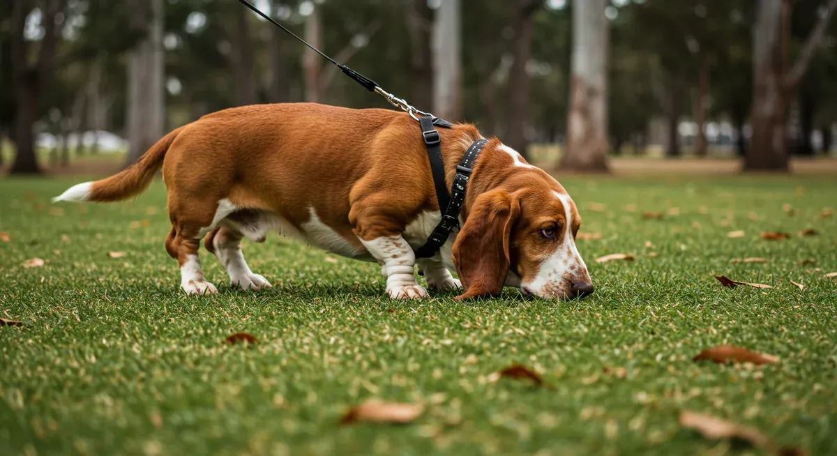 Basset Hound with nose to ground following a scent while on leash, illustrating their powerful scent drive and need for secure restraint