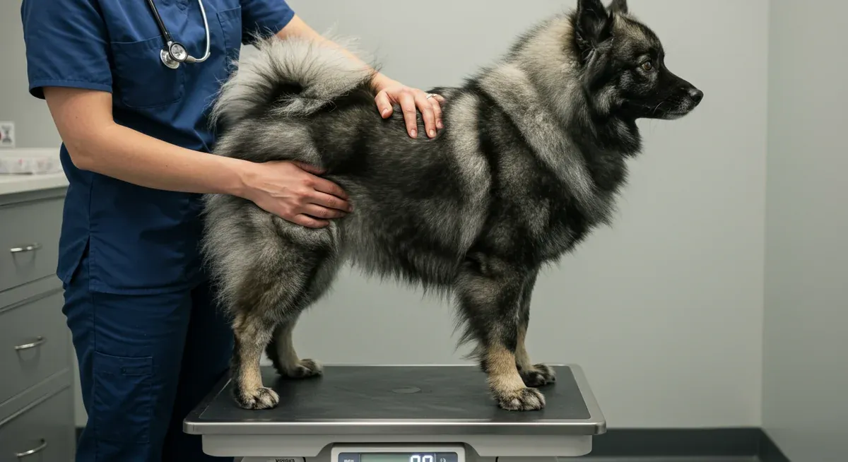 A Keeshond being examined for weight management on a veterinary scale, showing proper body condition assessment techniques