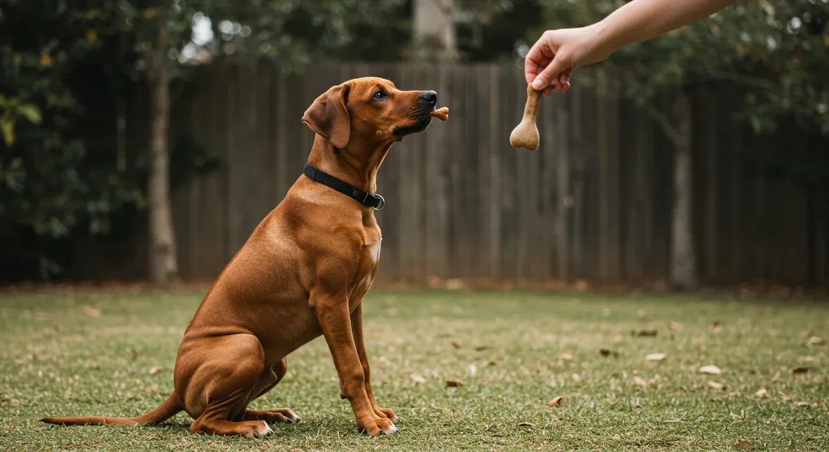 Rhodesian Ridgeback puppy sitting on command while owner offers a treat reward, demonstrating positive reinforcement training techniques
