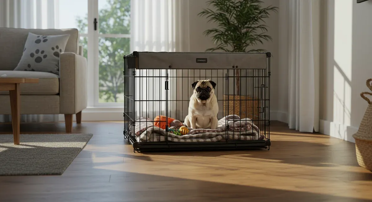 A properly sized wire crate with dividers, blankets and toys, demonstrating the ideal crate training setup for Pugs