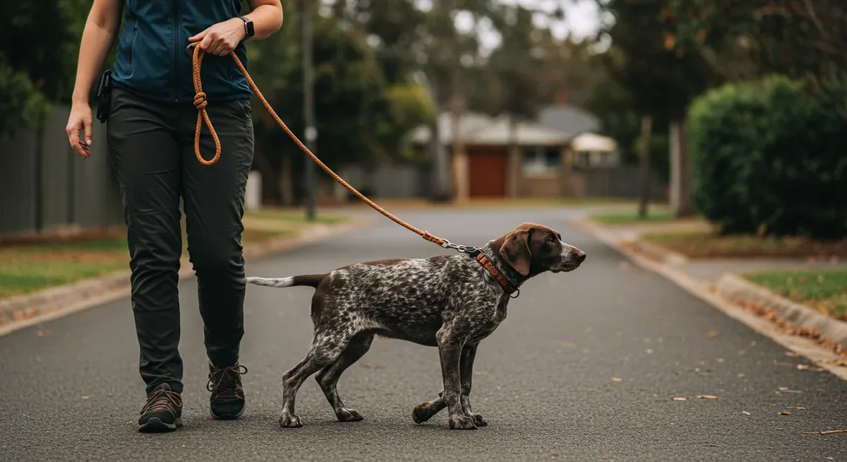 German Shorthaired Pointer puppy practicing heel training on leash, demonstrating proper positioning and focused attention during training