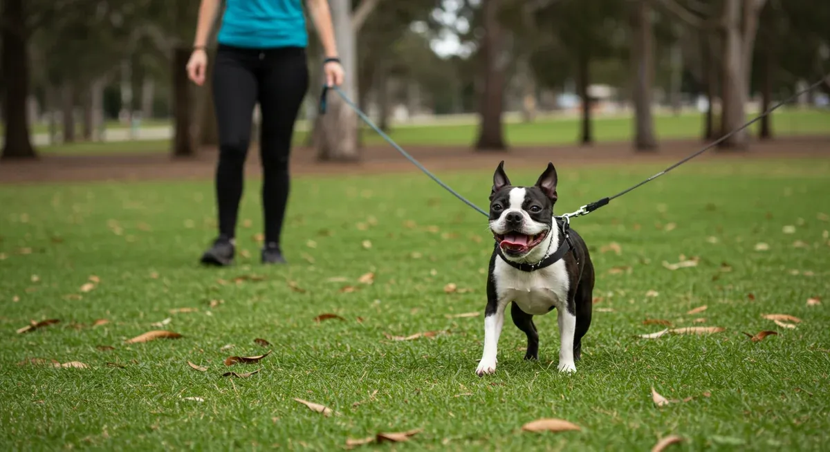 Boston Terrier following owner walking backwards during recall training, demonstrating the backwards method technique