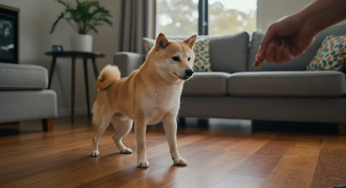 A Shiba Inu demonstrating the early stages of learning the 'shake' command by lifting one paw slightly, illustrating the step-by-step behavior shaping training method