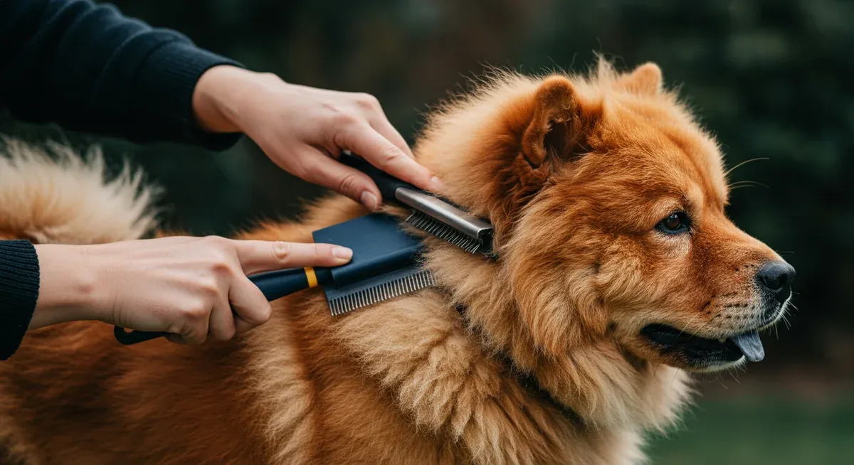 Demonstration of proper brushing technique on a Chow Chow, showing different brush types being used on various coat areas
