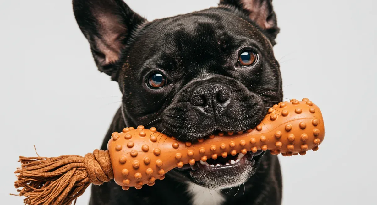 Close-up of a French Bulldog chewing on a durable TPR rubber toy, demonstrating the importance of selecting tough materials that can withstand their strong jaws