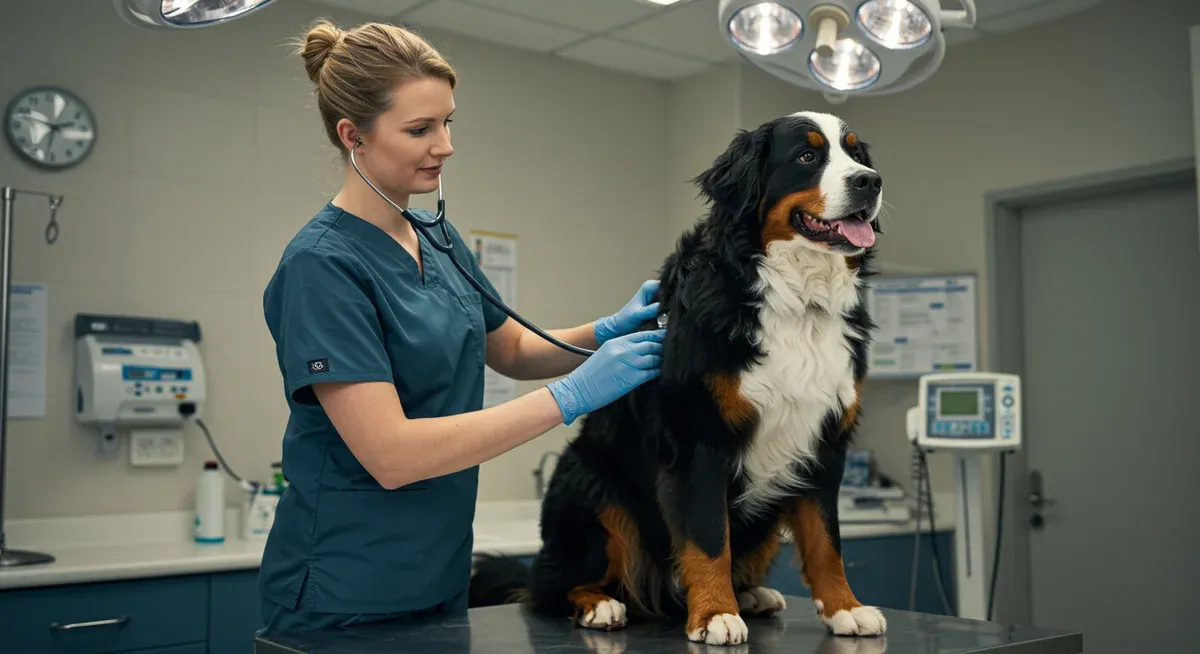 A Bernese Mountain Dog receiving a thorough veterinary examination, demonstrating the importance of regular preventive health checks for this breed prone to serious health conditions