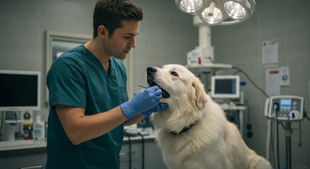 Veterinarian examining a Great Pyrenees dog's mouth and teeth to check for dental issues and medical causes of excessive drooling