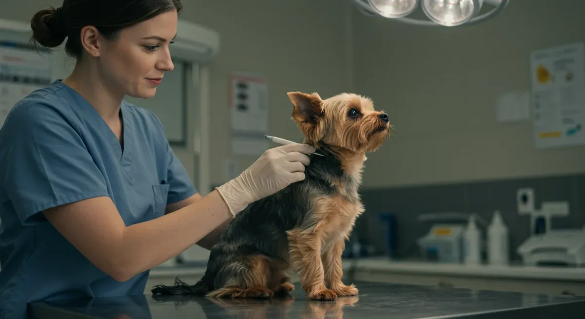 Veterinarian examining a Yorkshire Terrier's throat area to check for medical causes of aggression like tracheal collapse