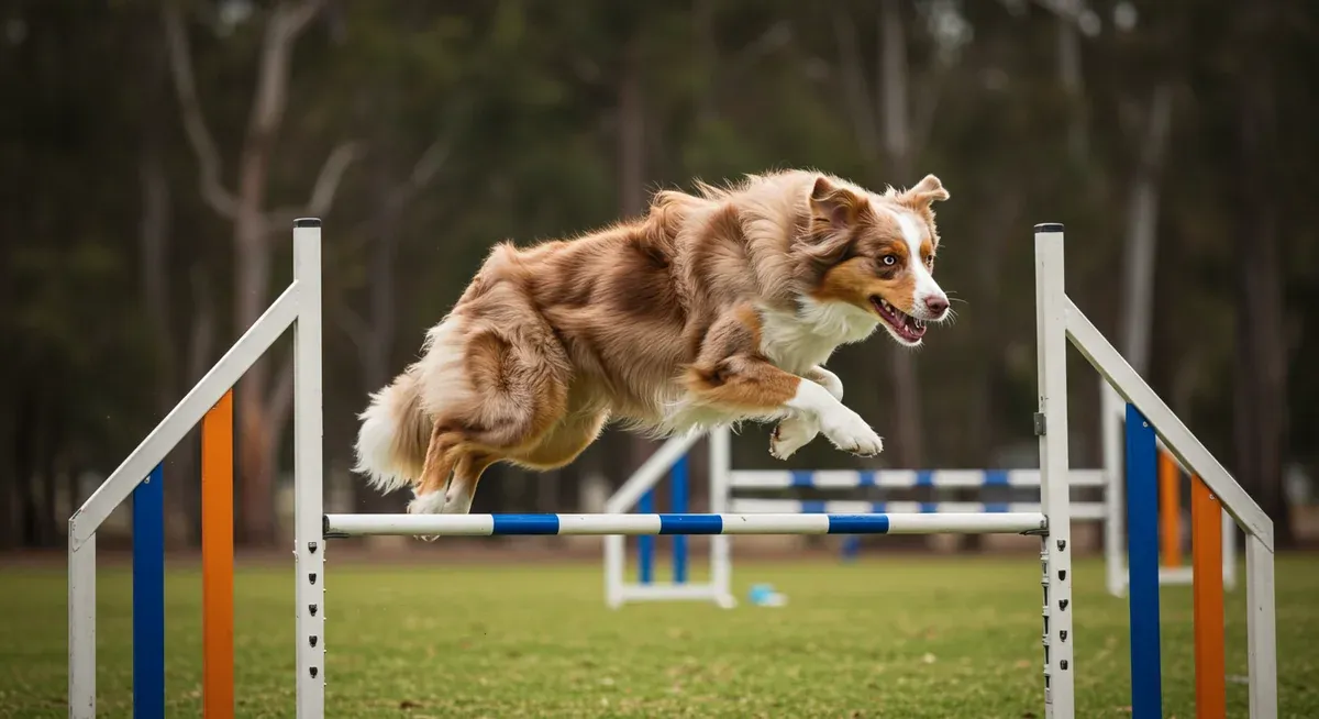Australian Shepherd jumping through agility equipment, showing the vigorous exercise needed to prevent digging behavior