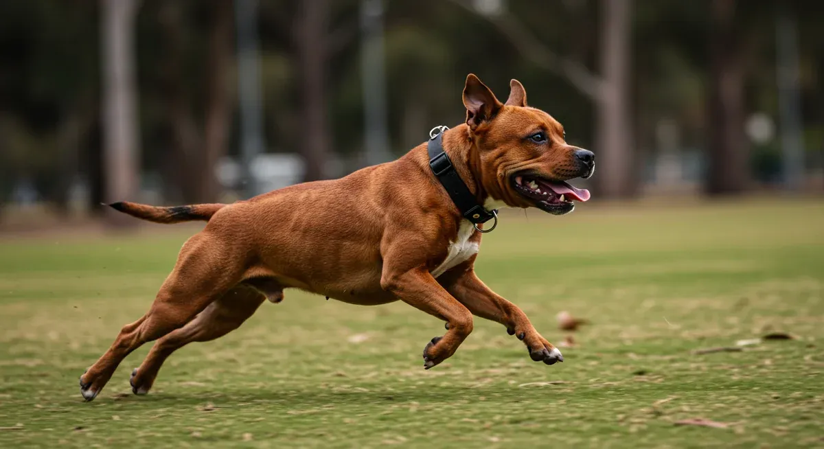 A Staffordshire Bull Terrier running energetically in a park, illustrating the breed's need for more than two hours of vigorous daily exercise