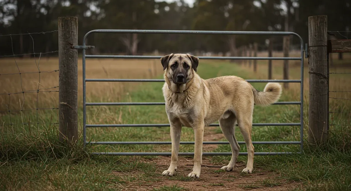 An Anatolian Shepherd displaying protective alertness, showing the breed's natural instinct to assess and guard against potential threats while maintaining a calm but watchful stance