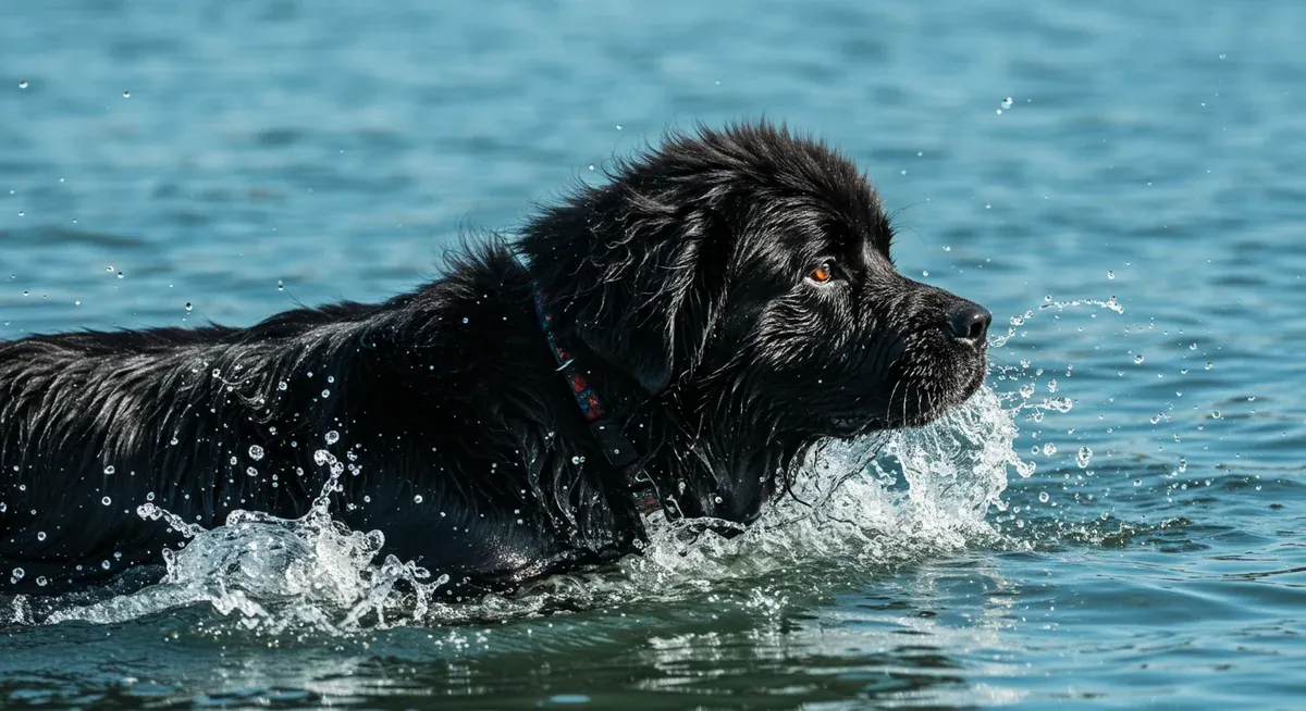 A Newfoundland dog swimming in clear water, demonstrating the ideal low-impact exercise that supports joint and cardiovascular health for the breed