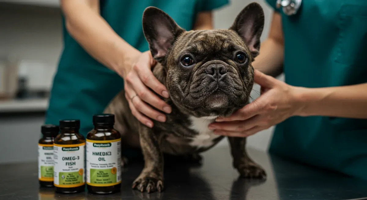 Close-up of a French Bulldog's healthy coat with omega fatty acid supplements in the background, illustrating how these supplements support skin and coat health