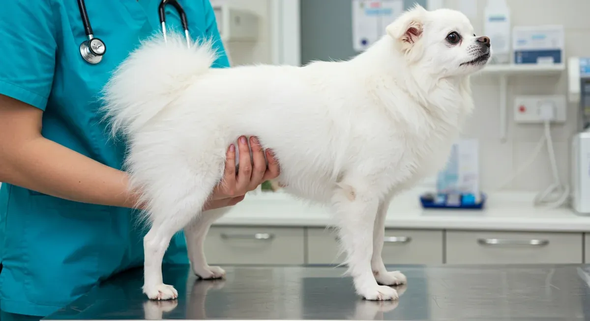 Veterinarian examining a Japanese Spitz dog's hind leg to check for patellar luxation, the breed's primary orthopedic concern