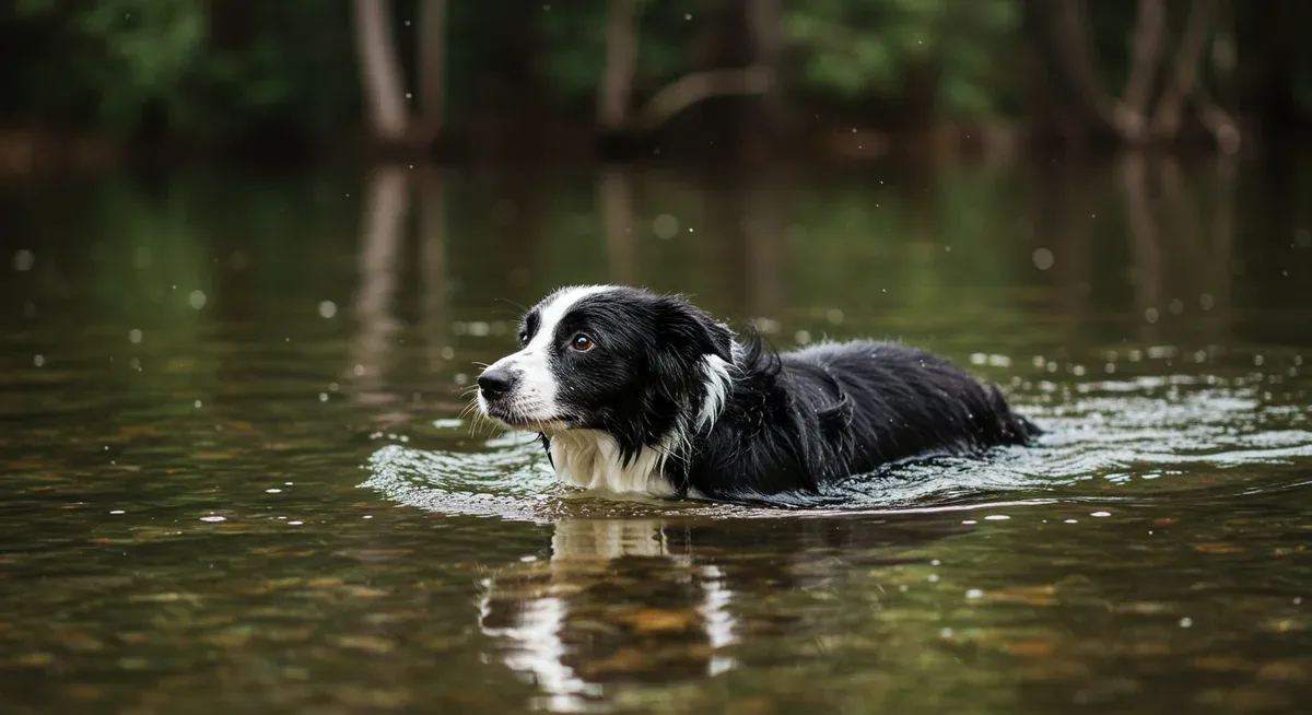 Border Collie swimming in Australian waterway, demonstrating low-impact exercise that works different muscle groups