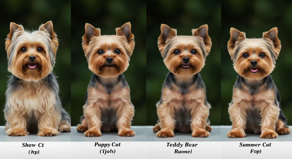 Four Yorkshire Terriers showcasing different popular grooming styles from long Show Cut to short Summer Cut, illustrating the variety of haircut options available for the breed
