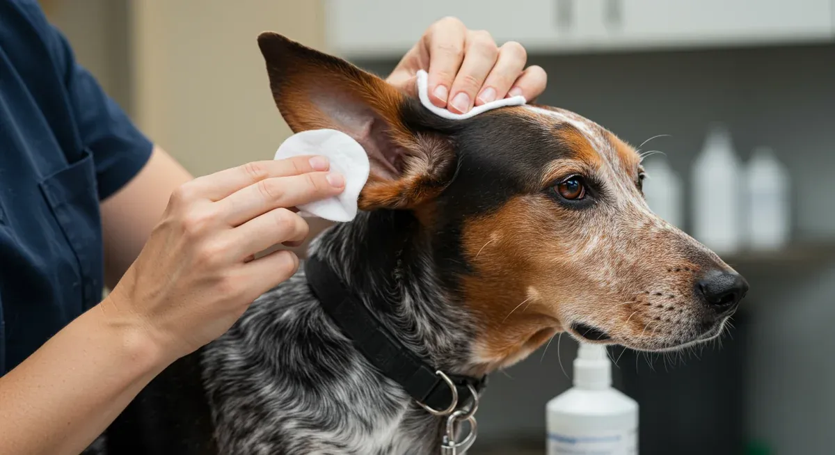 Veterinarian demonstrating proper ear cleaning technique on a Treeing Walker Coonhound's long ear, illustrating preventive care for ear infections