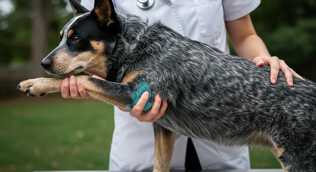 Veterinary examination of a Blue Heeler's joints, illustrating the hip and elbow dysplasia issues that can be prevented through proper nutrition