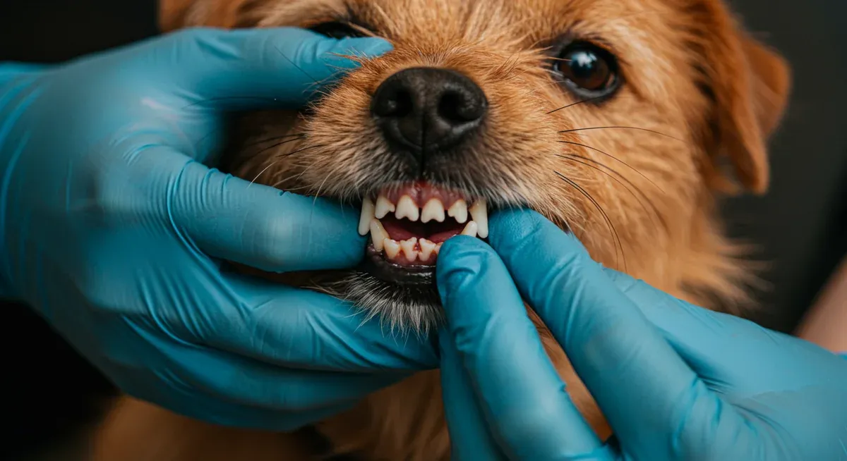 Close-up view of a Norfolk Terrier's mouth showing crowded teeth with plaque buildup, illustrating the dental health challenges common in small dog breeds