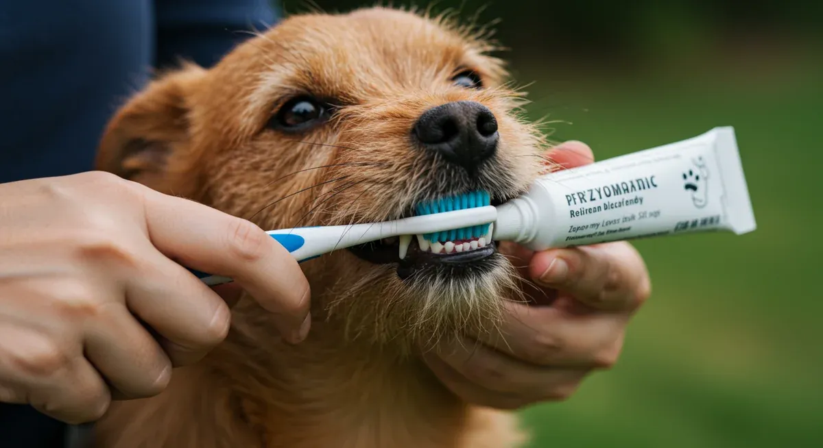 Close-up view of a Norfolk Terrier receiving dental care with a pet toothbrush, demonstrating proper at-home dental hygiene techniques for small breed dogs