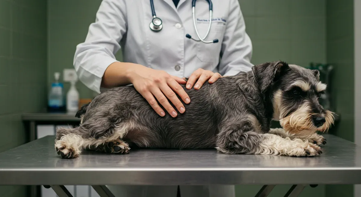 A veterinarian examining a Schnauzer's abdomen for signs of pancreatitis in a clinical setting