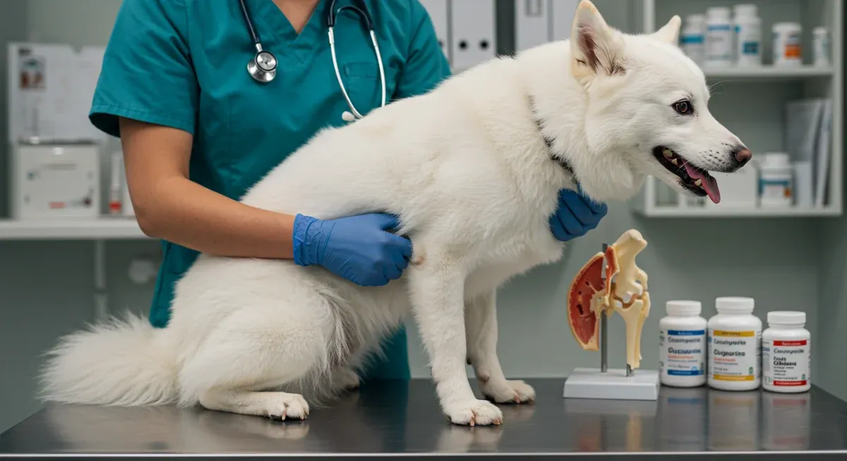 Veterinarian examining an American Eskimo dog's joints during a health checkup, with joint health supplements visible nearby