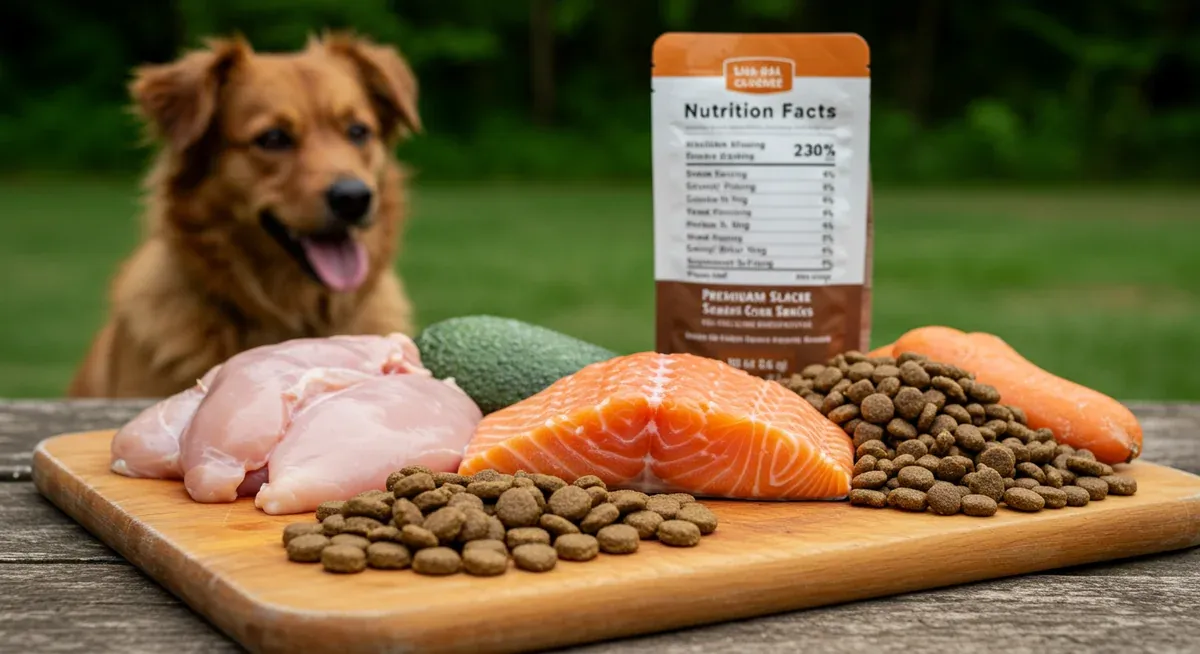 High-quality protein sources including chicken, fish, and premium kibble displaying nutritional information relevant to Border Collie dietary needs