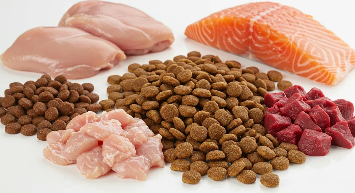 High-quality dog food kibble with visible protein sources and fresh meat ingredients, demonstrating the protein-rich nutrition needed for active Rat Terriers