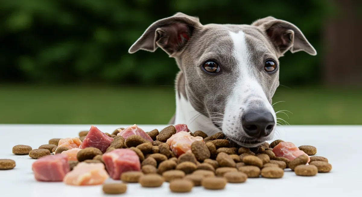 High-quality dog kibble with visible meat pieces showing protein-rich ingredients recommended for Whippets