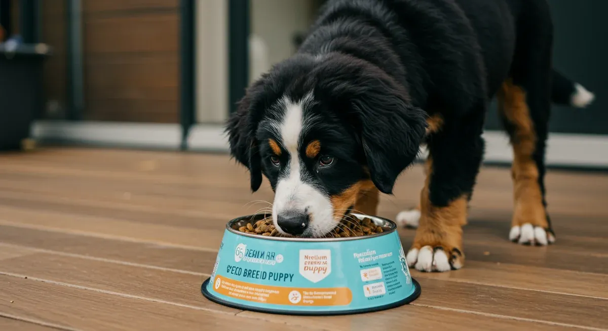 Young Bernese Mountain Dog puppy eating from a bowl of large breed puppy food, demonstrating proper nutrition during the critical growth period