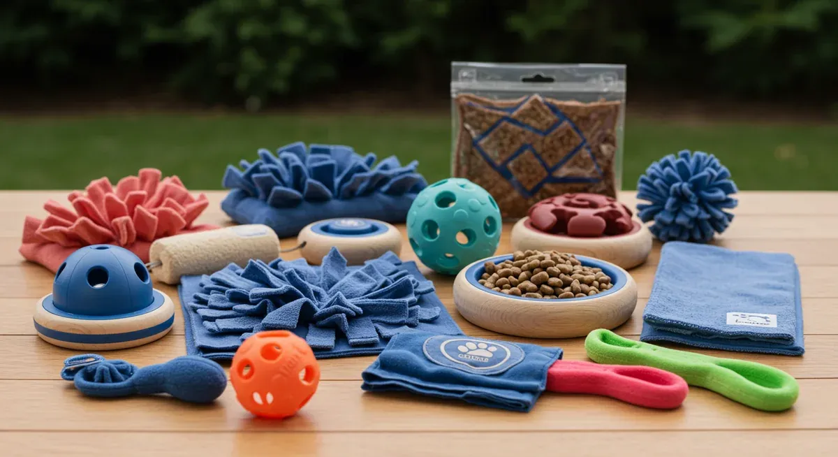 Collection of puzzle toys and interactive feeding solutions including various difficulty levels of food puzzles and enrichment devices for Border Collies