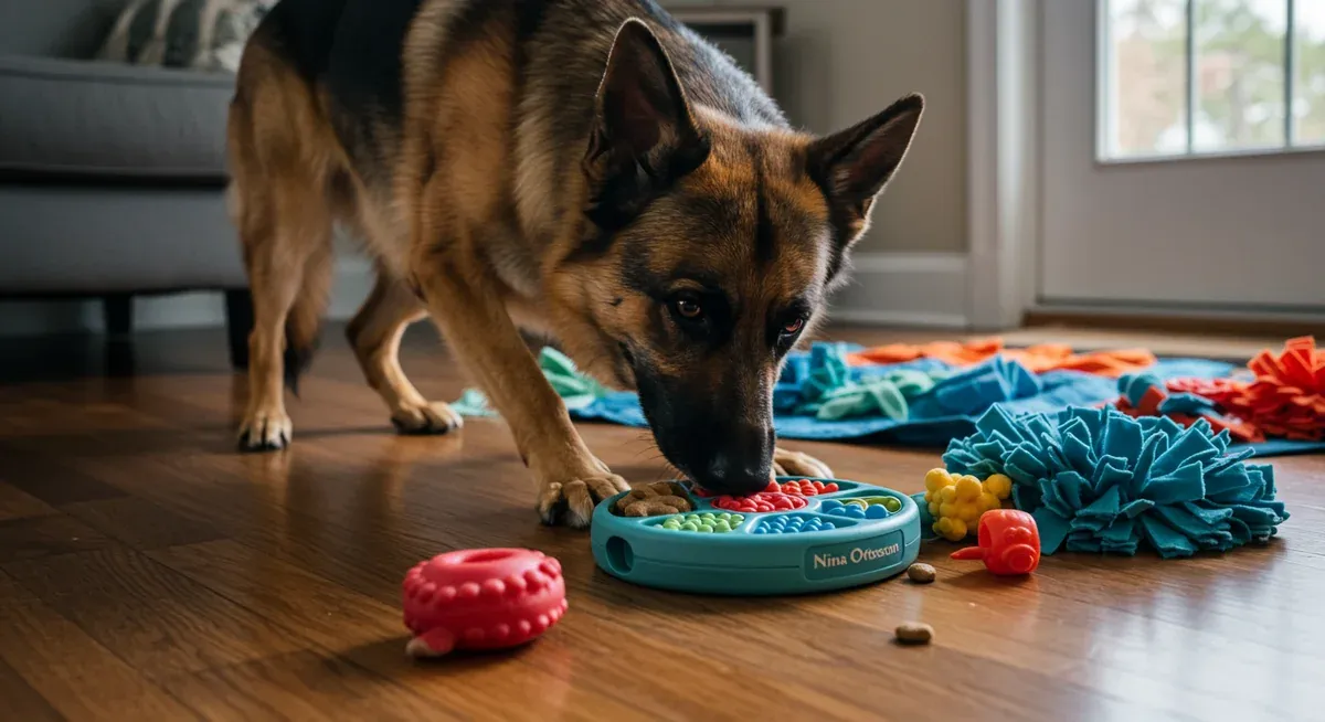 German Shepherd dog working on a puzzle toy, demonstrating how these toys challenge problem-solving skills and provide mental stimulation