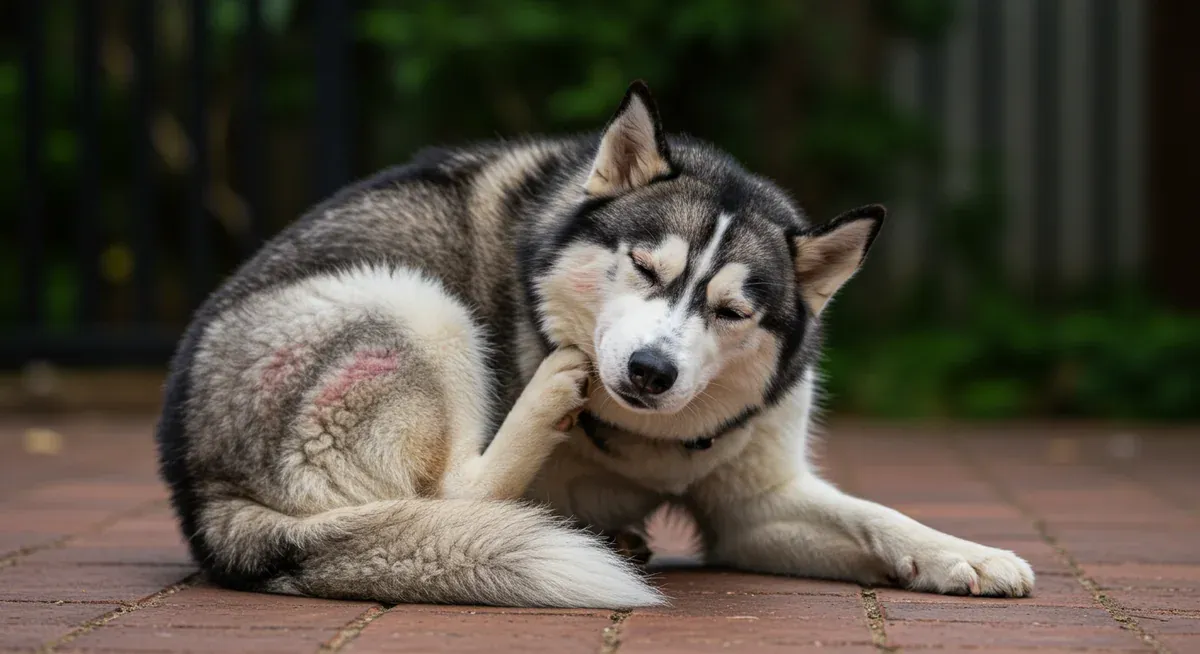 Siberian Husky scratching behind ear showing typical allergy symptoms like skin irritation and excessive scratching behavior