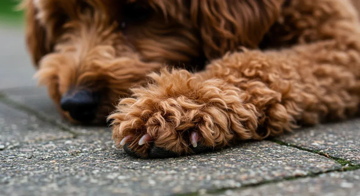 Close-up of a Poodle's paw showing reddened skin and irritation from excessive licking, demonstrating common allergy symptoms