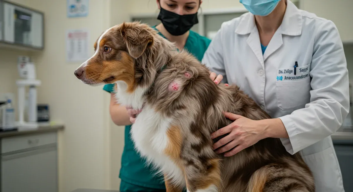 Veterinarian examining an Australian Shepherd showing visible allergy symptoms including skin irritation and hot spots