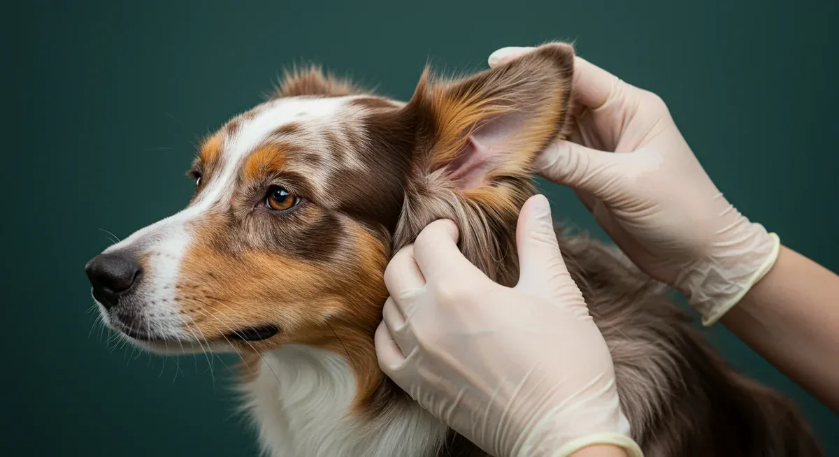 Veterinary examination of an Australian Shepherd's irritated ear showing classic allergy symptoms including redness and inflammation