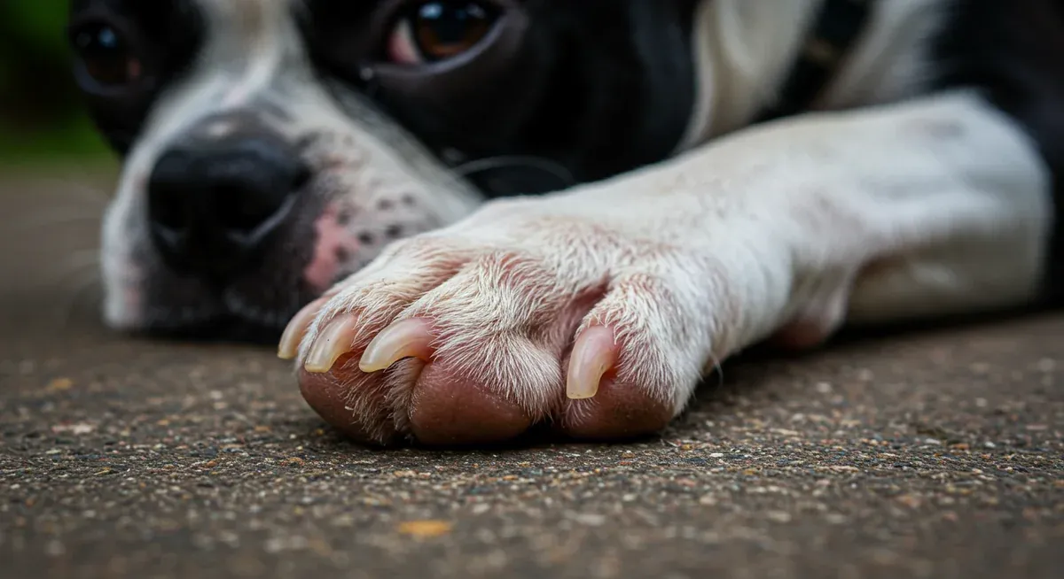 Close-up of a Boston Terrier's paw showing signs of allergic irritation with redness and inflammation between the toes