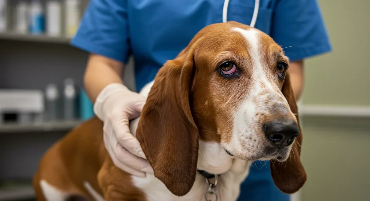 Basset Hound showing visible allergy symptoms including irritated skin folds and watery eyes during a veterinary examination