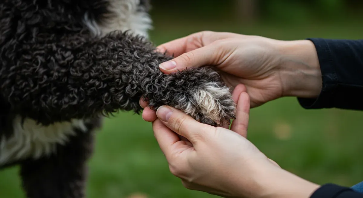 Close-up examination of a Portuguese Water Dog's paw showing early signs of allergic irritation between the toes