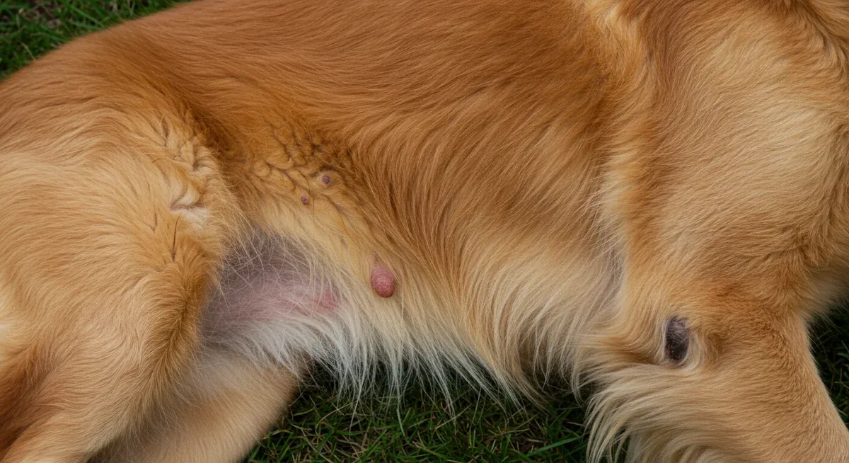 Close-up view of Golden Retriever's irritated skin showing red patches and hot spots typical of allergic reactions