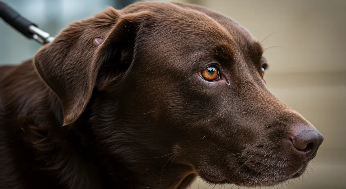 Close-up of Labrador showing red, inflamed skin around ear and paw area typical of allergic reactions