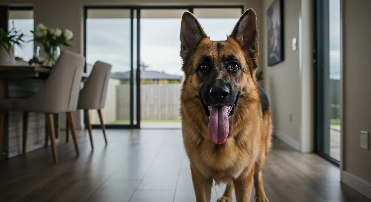 German Shepherd showing visible signs of anxiety including panting and tense posture, demonstrating the behavioral symptoms described in the article