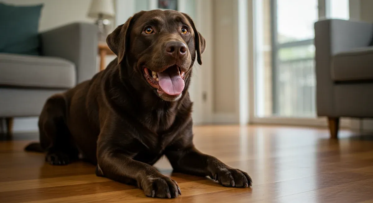 Chocolate Labrador showing signs of anxiety including panting and worried expression while sitting indoors, demonstrating recognizable anxiety symptoms