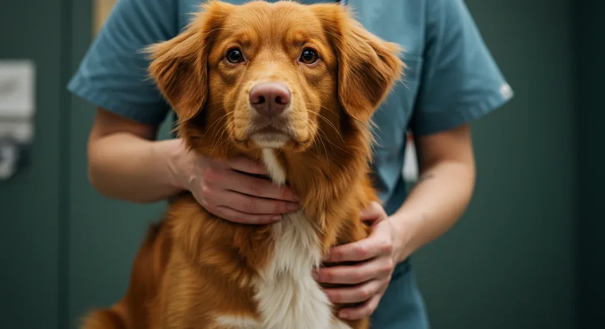 A Nova Scotia Duck Tolling Retriever being examined by a veterinarian for early signs of autoimmune conditions, showing the importance of recognizing symptoms like neck stiffness and joint discomfort before they become severe.